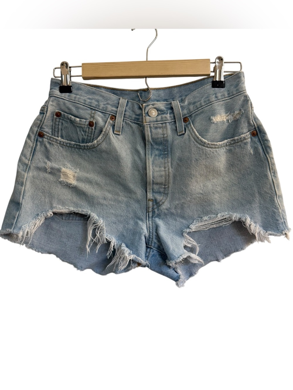 Levi's 501 Original Shorts Women 28 Blue Distressed Premium Cut Off Denim.